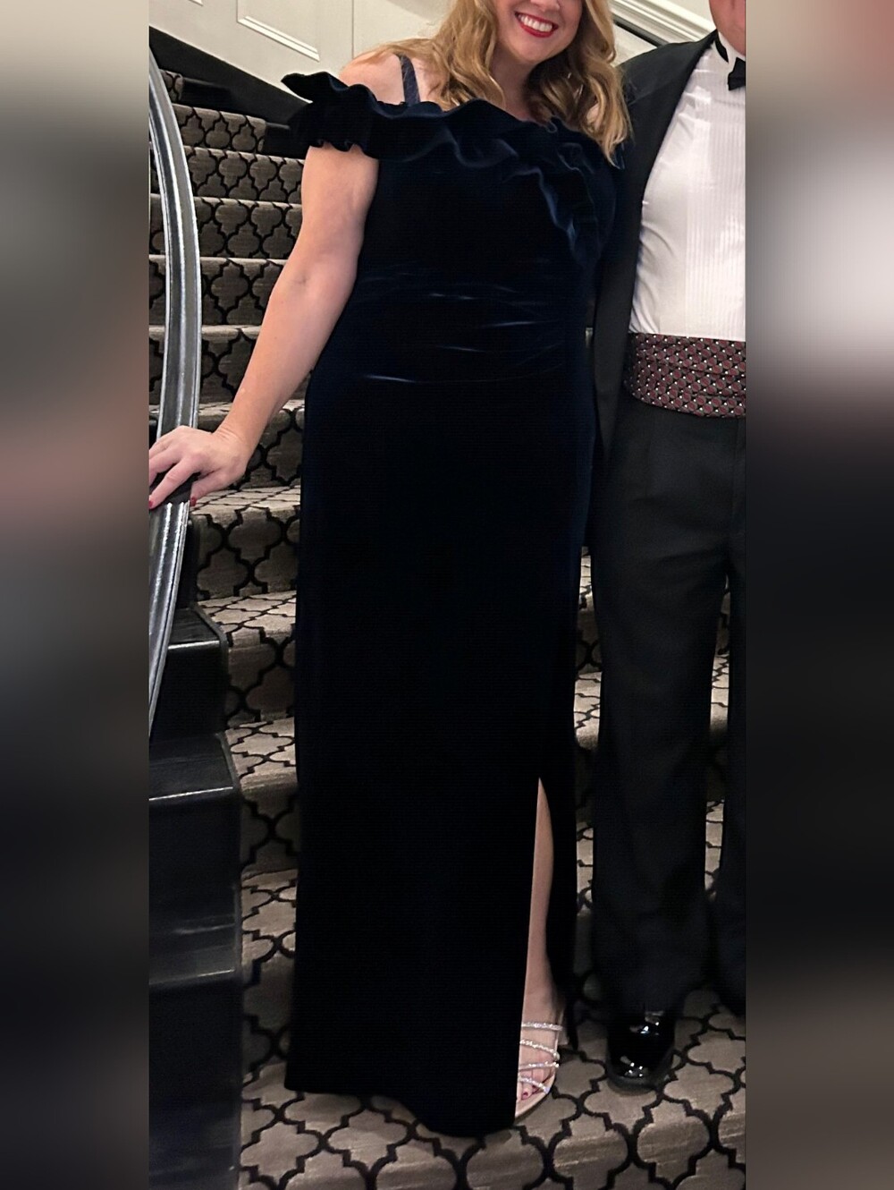 Xscape Black Velvet One-Shoulder Ruffle Dress - Picture 4 of 8